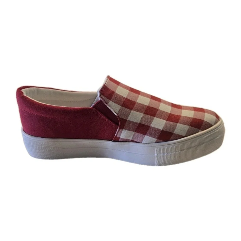 Women's Slip on Platform Sneakers Red White Plaid Memory Foam Soda Hike-G 7.5
